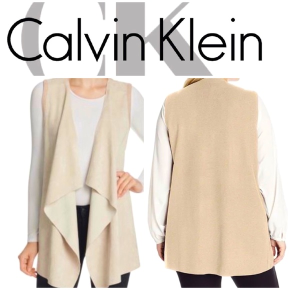 NWOT Calvin Klein Faux Suede CREAM Sweater Vest Sleeveless Drape Open Front SZ L - Picture 1 of 11
